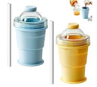 2 in 1 Collapsible Silicone Ice Ball Maker Cup,Portable Foldable Ice Hockey Cup,Reusable Portable Sphere Mold with Straw & Lid,for Camping, Office, Juice (Yellow+Blue)