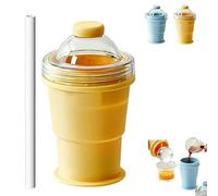 2 in 1 Collapsible Silicone Ice Ball Maker Cup,Portable Foldable Ice Hockey Cup,Reusable Portable Sphere Mold with Straw & Lid,for Camping, Office, Juice (Yellow)