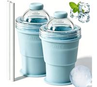 2-in-1 Collapsible Silicone Ice Ball Maker Cup Reusable Portable Foldable ice Hockey with Straw & Lid Easy Demolding Leakproof for Summer Drinks Juice Home Iced Coffee Gym Travel Outdoor