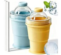 2-in-1 Collapsible Silicone Ice Ball Maker Cup Reusable Portable Foldable ice Hockey with Straw & Lid Easy Demolding Leakproof for Summer Drinks Juice Home Iced Coffee Gym Travel Outdoor