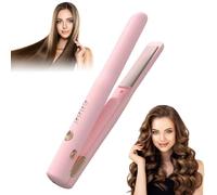 2-in-1 Cordless Hair Straightener, Wireless Mini Curling Iron with Ceramic Coating, Mini Flat Iron Curling Wand, PortableMini Curler Straighteners for All Hair Types, for Home and Travel (Pink)