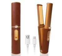 2 in 1 Cordless Hair Straighteners w/Brown Leather Exterior and 5000mAh Rechargeable Fast Heating Titanium Flat Iron, 3D Floating Wide Plates for Smooth Styling, 3 Adjustable Temps