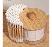 2-in-1 Cotton Swab and Makeup Pad Holder, Clear Bathroom Vanity Organizer with Bamboo Lid, Round Storage Jar