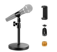 2 In 1 Desktop Microphone Stand, Upgraded Metal Round Base Adjustable Mic Stand with Micphone Clip, Cellphone Clip and 5/8" Male to 3/8" Female Screw for Table Desk Interviews, Black