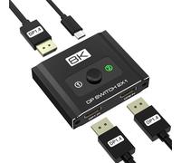 2 in 1 DisplayPort Switch, 8K@60Hz DP 1.4, One Way Display Port Selector for Two PC and Gaming Consoles, 4K@144Hz DP Switch with DSC Support (DP Cables No