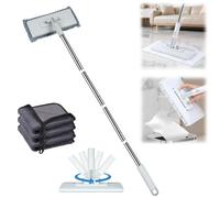 2 in 1 Disposable Dust Mop with Squeegee & 3 Streak Free Magic Cleaning Cloth, 360° Rotating Snap Grip Mini Mop with Automatic Cloth Changing, Window Cleaning Kit for Window Glass Wall Floor (White)
