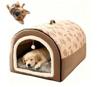 2 In 1 Dog House Large Dog Bed with Anti Anxiety Soft Warm Cushion, Foldable Calming Dog Kennel, Non-Slip Warm Pet Igloo Bed for Dogs Cats, Removable Washable，brown：S