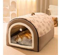 2 in 1 Dog House With Anti-Anxiety Soft Warm Cushion, Foldable Calming Kennel, Non-Slip Pet Igloo Bed for Dogs Cats, Removable Washable (M:50x40x35cm, Brown)
