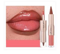 2-in-1 Dual-Ended Lip Liner & Gloss Set with Retractable Pencil & Liquid Applicator - Matte Nude Ombre & Peachy Coral Shimmer High-Shine Gloss for Women in Elegant Rose Gold Case