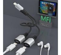 2 in 1 Dual Lightning Splitter for iPhone, 【Apple MFi Certified】 Video Call+Music+HiFi+Charge+Mic+Control for iPhone Charger and Headphone Adapter Compatible with iPhone 14/13/12/11/XS/XR/X/8/7/6/iPad