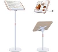 2 in 1 Dual-use Music Stand & Desktop Book Stand, Adjustable Height 16.5"-51", 100% Solid Wood Laptop Floor Stand Book Holder with Elastic Page Clips for Cookbooks, Sheet Music (White)