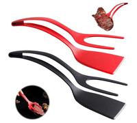 2 in 1 Easy Egg Flipper - Fried Egg Spatula, Handle Turn of the Tongs, Non-Stick Fried Egg Spatula, Cooking Tool, Kitchen Utensils, for Fried Egg, Burgers, Steak (Black + Red)