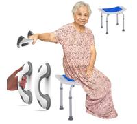 2 In 1 Elderly Bathroom Kit - Includes 2pk Support Grab Rails & Bath Room Stool | Disability Aids, Safety Grip Hand Rail with Suction Cup Fitting | Non-Slip Design Padded Seat Drainage Holes Foot Pad