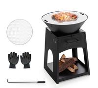 2 In 1 Fire Pit with BBQ Grill 60cm Metal Firewood Stove w/ Fire Poker COSTWAY Black One Size