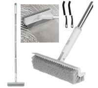 2 in 1 Floor Scrubbing Brush with Long Handle, Scrubbing Floor Brush with Squeegee Magic Brush + 2 Crevice Brushes, Grout Brush for Cleaning Tile Grout Lines Crevices Bathroom Kitchen Patio (White)
