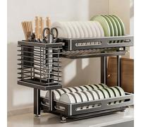 2-in-1 Foldable Dish Rack, Drill-Free Wall Mount & Countertop Drying Rack, Stainless Steel with Water Drip Tray for Small Kitchen, Space Saving, Large Size