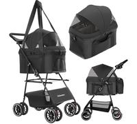 2-in-1 Foldable Pet Stroller with Canopy, 4 Wheels Pet Strolling Cart for Small/Medium Dogs and Cats with Removable Carrier,Breathable Mesh,Mom Tote Bag,Cup Holders,Easy Assembly,Black