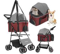 2-in-1 Foldable Pet Stroller with Canopy, 4 Wheels Pet Strolling Cart for Small/Medium Dogs and Cats with Removable Carrier,Breathable Mesh,Mom Tote Bag,Cup Holders,Easy Assembly,Grey+Red