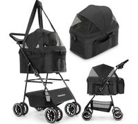 2-in-1 Foldable Pet Stroller with Canopy, 4 Wheels Pet Strolling Cart for Small/Medium Dogs and Cats with Removable Carrier,Breathable Mesh,Mom Tote Bag,Cup Holders,Easy Assembly,Black