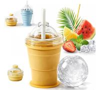 2-in-1 Foldable Silicone Ice Ball Maker Cup, Reusable Portable Ice Sphere Mold with Straw & Lid, Easy Demolding, Leakproof Travel Tumbler for Coffee, Juice, Home, Gym, Outdoor