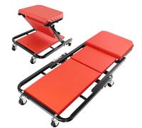 2-in-1 Folding Car Creeper & Mechanic Seat, Heavy Duty Steel Garage Trolley with 6 Swivel Castors, Padded Rolling Workshop Stool for Under Vehicle Inspection & Repair, 150kg Capacity, Red & Black