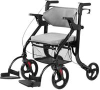 2 in 1 Folding Rollator Walker for Seniors - Transport Wheelchair Rollator with Soft Backrest and Detachable Footrests - 4 Wheel Walker