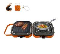 2-in-1 Gas Camping Stove with Grill Plate, Foldable Double-Fire Folding Gas Stove with 4.6 kW Adjustable Burners & Piezo Ignition for Camping & Hiking