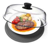 2 in 1, Glass Microwave Splatter Cover for Food & Microwave Place Mat, Plate Splatter Guard Lid with Easy Grip Silicone Handle Knob, Borosilicate Glass with Vent Hole, Food Grade, No Plastic, 10in