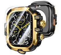 [2 in 1] Goton Case for Apple Watch Ultra 2 Ultra 49mm with Tempered Glass Screen Protector Waterproof Cover, 360° Protective Rugged Metal & PC Bumper for iWatch, 49mm Gold