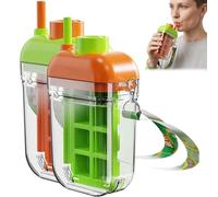 2 in 1 Ice Bottle Cup and Portable Cube Bottle, Reusable Silicone Ice Cube Maker Tray with Lid, Easy Release Kettle Cup with Straw for Picnics, Camping and Home Freezer (Green+Orange)