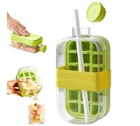 2-in-1 Ice Cube Bottle with Straw, 18-Grid Easy-Press Ice Tray with Anti-Slip Strap, Leakproof Portable Ice Maker Bottle for Travel, Gym, Home, Office (Green, 800ml)