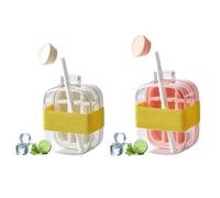 2-in-1 Ice Cube Bottle with Straw, 2Pcs Portable Water Bottle & Ice Tray with Lid and Bin, Touch-Free IceMold for Freezer, Make IceCubes for Coffee, Juice, Beverages - Home or Travel (500ML)