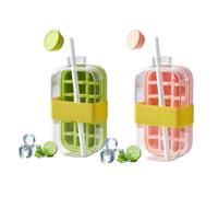 2-in-1 Ice Cube Bottle with Straw, 2Pcs Portable Water Bottle & Ice Tray with Lid and Bin, Touch-Free IceMold for Freezer, Make IceCubes for Coffee, Juice, Beverages - Home or Travel (800ML)