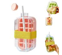 2-in-1 Ice Cube Bottle with Straw,Easy Press ICES Tray Water Bottle, No Touch No Spill Ice Maker Cup Container,Single Press to Release for Home ICES Making, Outdoor Picnics, Office Use (Pink 27oz)