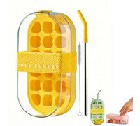 2 in 1 Ice Cube Bottle with Straw Portable Cube Tray Built in Ice Cup Leakproof Ices Tray, Reusable Press to Release for Freezer, Summer Drinks, Coffee, Juice