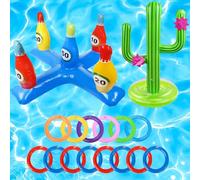 2-in-1 Inflatable Pool Ring Toss Game Toy Set, Inflatable Cactus Ring Toss Game Set with 14 Loops, Bowling and Cactus Floating Swimming Pool Toy for Kids Adults Beach Party Outdoor Garden Games