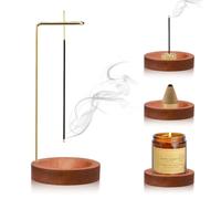 2-in-1 Insensé Sticks Holder, Handmade Wooden Base Incense Stick Holder, Modern Design with Cone Spool, 9 Hole Incense Holder, Incense Burner for Home Office Decor, Yoga, Meditation(Red Brown)