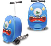 2-in-1 Kids Scooter Suitcase Ride On Luggage, Foldable Children Travel Carry On with Smooth Wheels, Lightweight Durable Kids Rolling Suitcase for Travel, Holiday, Airport, Boys & Girls (Monster)