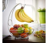 Garden Mile® 2 in 1 Kitchen Storage Fruit Bowl & Banana Hanger Chrome Metal Finish Modern Fruit Basket Durable Keeps Fruit Fresh Curved Arm Centre Piece for Your Kitchen