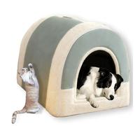 2 In 1 Large Dog Bed House Foldable Washable Pet Cave,Calming Luxurious Cat House for Indoor Cat Warm Dog Cushion Removable Anti Anxiety Mat Cover (Green,48x36x34CM)