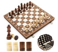 2-in-1 Magnetic Wooden Chess & Checkers Set, Foldable Travel Board
