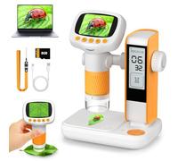 2 in 1 Microscope for Kids & Alarm Clock, 1000X Handheld Kids Microscope with 2" IPS Screen, 8GB TF Card, Portable Pocket Microscopes for Photo/Vedio, Gift for 3-12 Year Old Boys Girls (Orange-white)