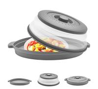 2 in 1 Microwave Cover for Food with Mat, Collapsible Microwave Silicone Splatter Guard Lid Microwave Plate Cover Tray Handle Vents for Kitchen Essential Gadgets Colander Meal Prep 10.7Inch (Gray)