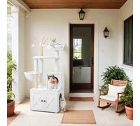 Feandrea 2-in-1 Modern Cat Tree with Litter Box Enclosure, Cat Condo with Scratching Posts, Removable Pompom Sticks, Washable Cushions, Cloud White