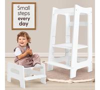 2-in-1 Montessori Learning Tower with Extra Step Stool - Wooden Kitchen Helper for Toddlers with 3 Adjustable Heights, Safe Standing Platform for Sink or Toilet Use, Kids Aged 2-6 (White)