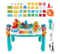 2 in 1 Multifunctional Bluetooth Learning Activity Table with Building Blocks Panel, Sound and Light Functions- Great Gift for Toddlers and Kids