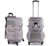 2-in-1 Pet Carrier Backpack for Two Cats or One Dog with Puller & Roller, Grey 2-Layer Dual Cabins Carry Bag for Large Fat Cat and Puppy Traveling and Hiking, Space Capsule Clear Bubble Dome