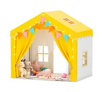 2-in-1 Play Tent with Soft Mat（54x36x51in）, Colorful Flags and Light Strips, Double Door Design Kids Tent Indoor with Skylight,for 3+ Years Yellow