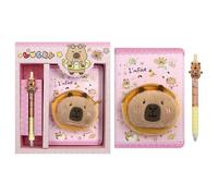 2 in 1 Plush Capybara Theme Stationery Gift Box Set,A6 Cute Pink Cartoon Animal Capybara Notebook Journal Memo Pads Notepad Soft Furry Diary with Pen Small Bag for Birthday Kids Girls Office School