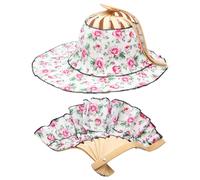 2 in 1 Portable Bamboo Sun Hat for Women, Flower Pattern Hand Fan Summer Foldable Beach Hat for Travel Outdoor, Little Blue Heart, One Size